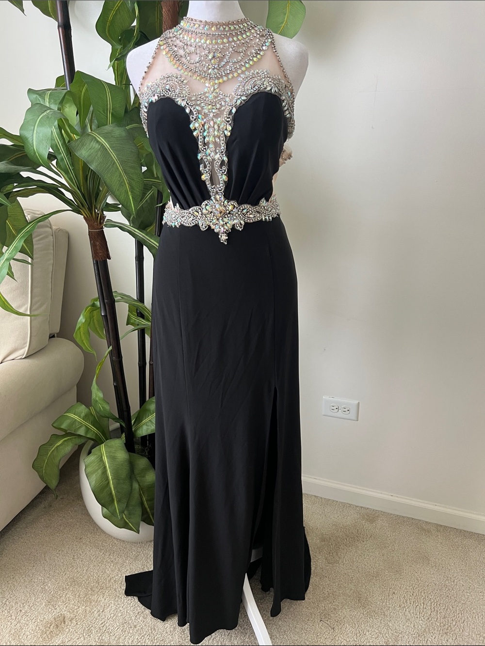 Black Illusion Beaded Evening Gown